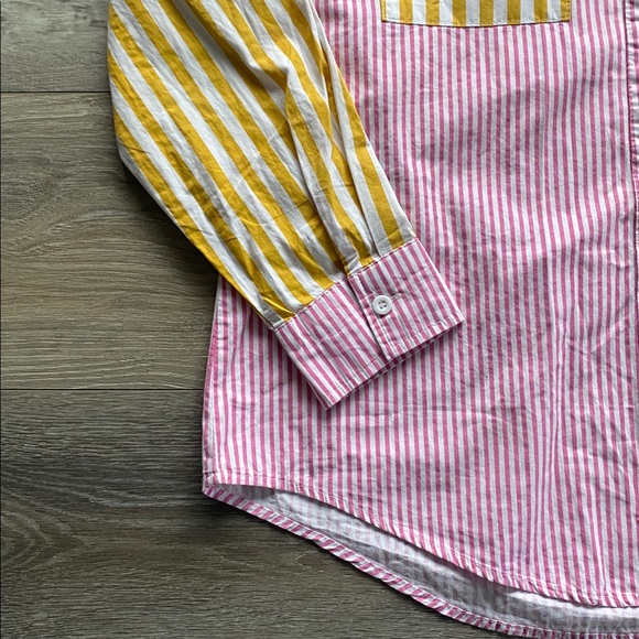 Striped Color Block Button Down Shirt Womens Sz MD Pink Yellow Summer Coastal - Picture 3 of 5